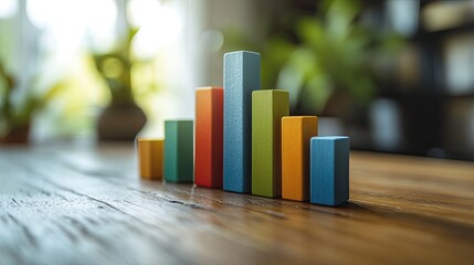 Colorful wooden blocks arranged to depict statistical data on a table