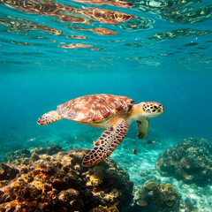 Obraz premium Sea turtle swimming over coral reef