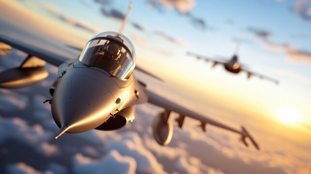 Fierce jet fighters soar majestically through vibrant cloud formations