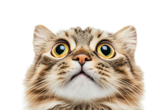 Close up shot of a domestic cat with wide open eyes and upward gaze on a transparent background