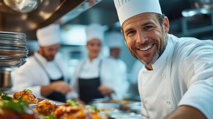 Head chef guides team during busy dinner service at lively restaurant
