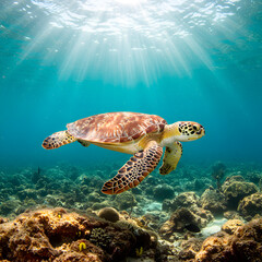 Obraz premium Turtle gliding through clear ocean waters