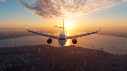Fototapeta premium Jet aircraft soar through the vibrant sky over Istanbul's Bosphorus at sunset