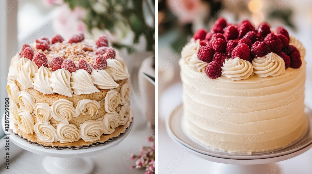 Poster exquisite celebration cakes adorned with fresh raspberries and elegant frosting at a festive event i