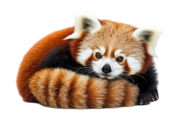 Obraz premium Adorable [animal] with distinctive reddish-brown fur curled up on transparent background showing striped tail and attentive eyes