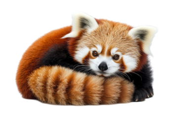 Adorable [animal] with distinctive reddish-brown fur curled up on transparent background showing striped tail and attentive eyes