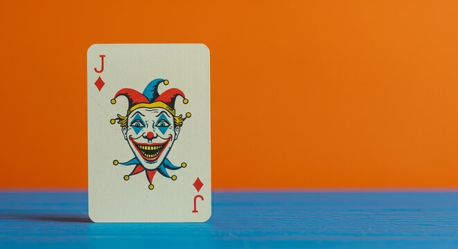 Joker playing card on vibrant orange and blue background
