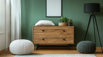 Wooden dresser plants and pillows in front of green wall