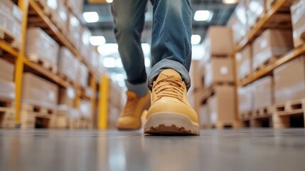 Warehouse worker navigates pallet jack in busy storage aisles
