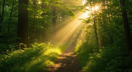 Obraz premium Sunlit forest pathway with lush greenery and serene ambiance in tranquil woodland setting