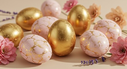 Obraz premium Elegant golden and marbled easter eggs with pink flowers and lavender on pastel background