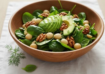 Fresh spinach and avocado salad with walnuts and macadamia nuts