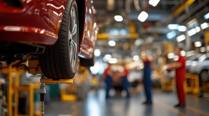 Obraz premium Mechanics work together in a busy shop, inspecting a raised vehicle
