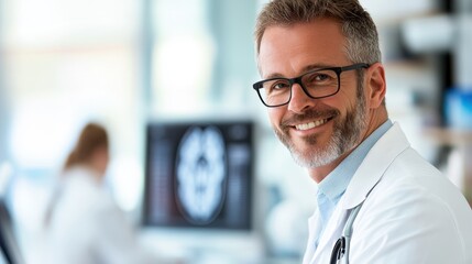 Fototapeta premium Radiologist reviews MRI in patient-centered hospital office