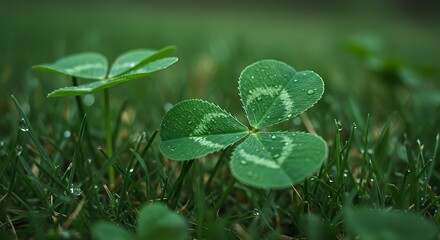 Emerald clover on dewy grass - Symbol of good fortune - Saint Patrick's Day card