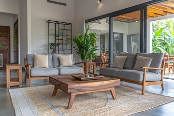 Interior of stylish living room with coffee table, wooden armchair and grey sofas
