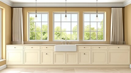 Elegant kitchen featuring three windows sink and cream cabinetry