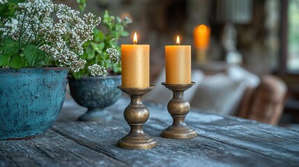 Burning Candles on Wooden Table with Potted Plants Background Interior