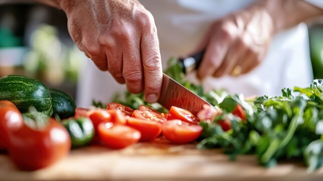 Masterful chef slices fresh tomatoes with precision on a rustic cutting board