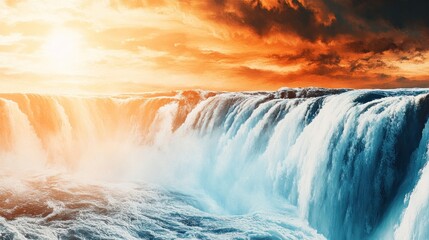 Fototapeta premium Dramatic Waterfall Cascading Down at Sunset with Orange Sky View