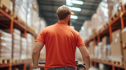 Warehouse worker efficiently navigating storage room with pallet jack