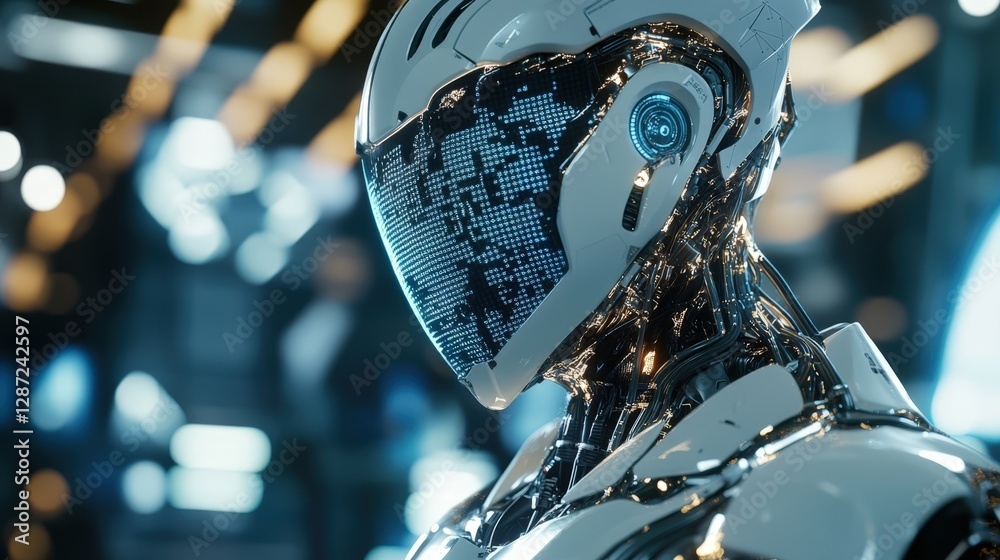 Poster advanced humanoid robot processing information on its digital faceplate. standing in a server room o