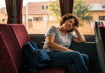 Fototapeta premium Woman relaxing on bus seat with backpack during daytime journey