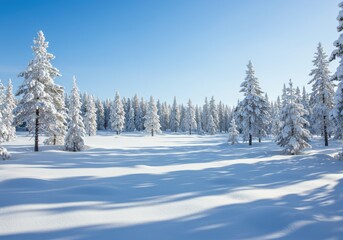 Obraz premium Peaceful winter wonderland with snow-covered trees and clear blue sky