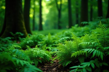 Dense foliage of green bush ferns on forest floor, dense foliage, bush fern, forest floor