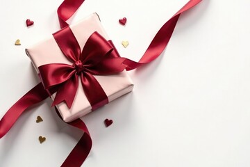 Burgundy ribbon with golden bow, draped elegantly over a white background, burgundy, gift embellishments
