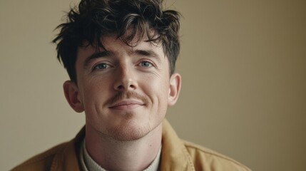 Fototapeta premium Smiling young man in casual beige t-shirt and glasses, quarter view,portrait with soft lighting