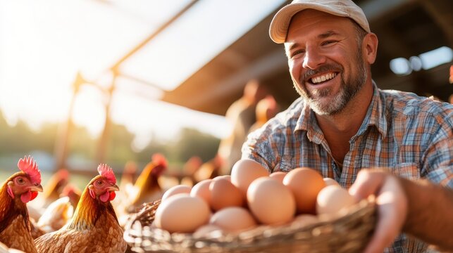 Farmer joyfully gathers fresh eggs during a sunny morning on the farm - Powered by Adobe
