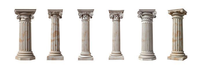Obraz premium Collection of Classical Architectural Columns Featuring Doric, Ionic, and Corinthian Styles, Reflecting Ancient Elegance, Isolated on Transparent and White Background