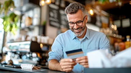Cheerful man settling his cafe bill joyfully with a credit card