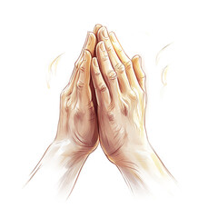 A stylized artistic illustration of praying hands, softly illuminated with warm light, transparent background, PNG