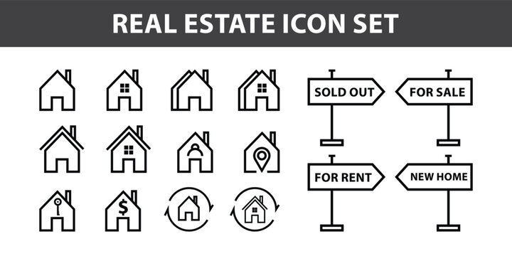Real estate icon set, real estate home icon, real estate sale icon, real estate icon black, home icon vector, icon set