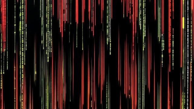 Dynamic Data Stream Visualization - Animated Binary Rain Effect with Red and Yellow Code Falling on Black Background