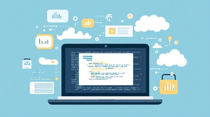 Laptop Displaying Code with Data Visualization Elements and Cloud Computing Concept