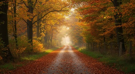 Obraz premium Enchanting autumn pathway lined with vibrant foliage and sunlit trees