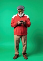 Joyful elderly man engaged with his phone in a vibrant studio setting