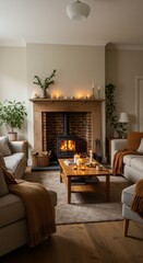 Cozy living room with fireplace, elegant modern interior decor featuring neutral tones and candlelight