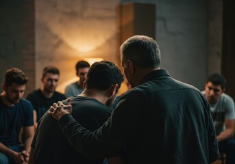 Emotional support in group therapy session with caring mentor and attentive participants