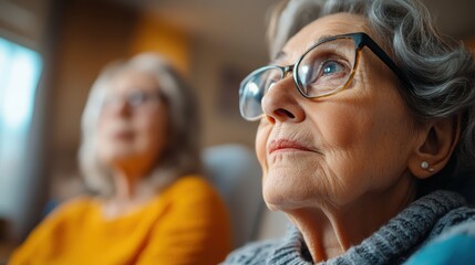 Caring moments shared between elderly woman and caregiver in nursing home