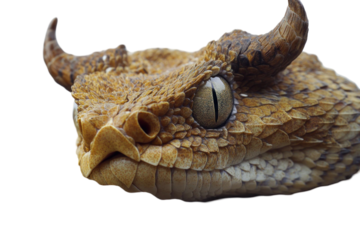 Close up portrait of a horned viper snake with rough skin and intense gaze on a black background
