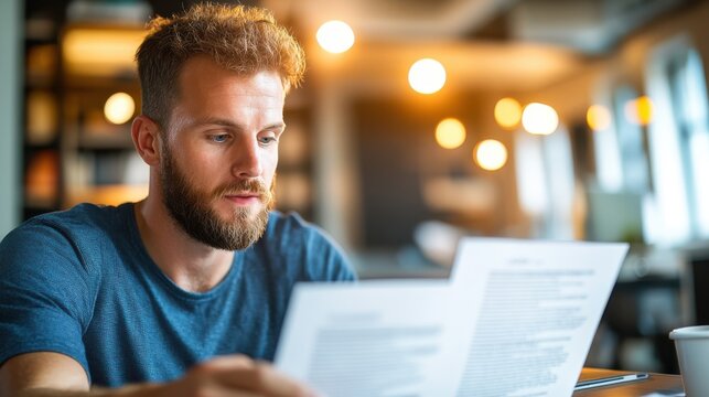 Recruiter prepares for job interview while reviewing resumes in modern office
