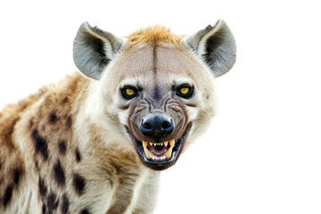 Close-up of animal with open mouth revealing sharp teeth against a transparent backdrop. The animal's spotted coat and intense gaze create a dramatic effect
