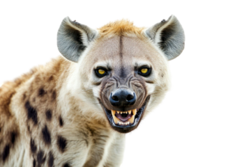 Close-up of animal with open mouth revealing sharp teeth against a transparent backdrop. The animal's spotted coat and intense gaze create a dramatic effect