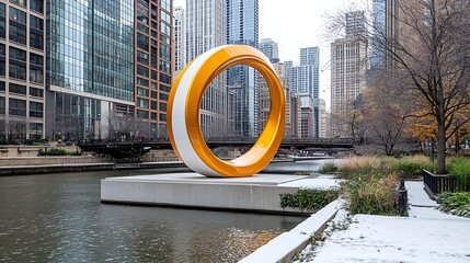 Naklejka premium Modern art installation chicago river sculpture urban landscape eye-level creativity