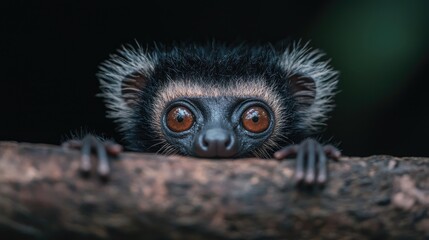 Naklejka premium Cute lemur peering from branch, rainforest background, wildlife photography