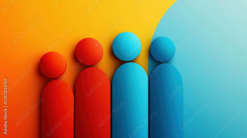 Poster Colorful abstract figures lined up against a gradient background depicting connection and unity in a creative way. Generative AI